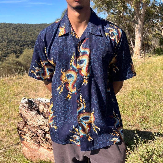 maneuvers all over print dragon short sleeved button up shirt
