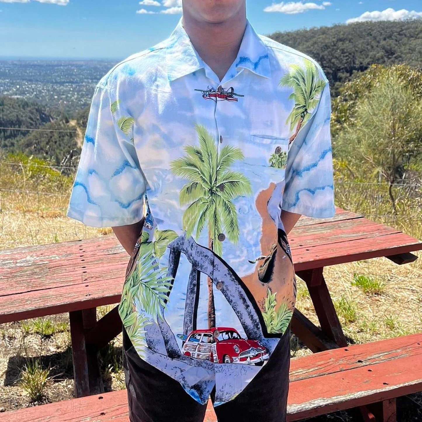 Hang ten all over graphic short sleeved button up shirt
