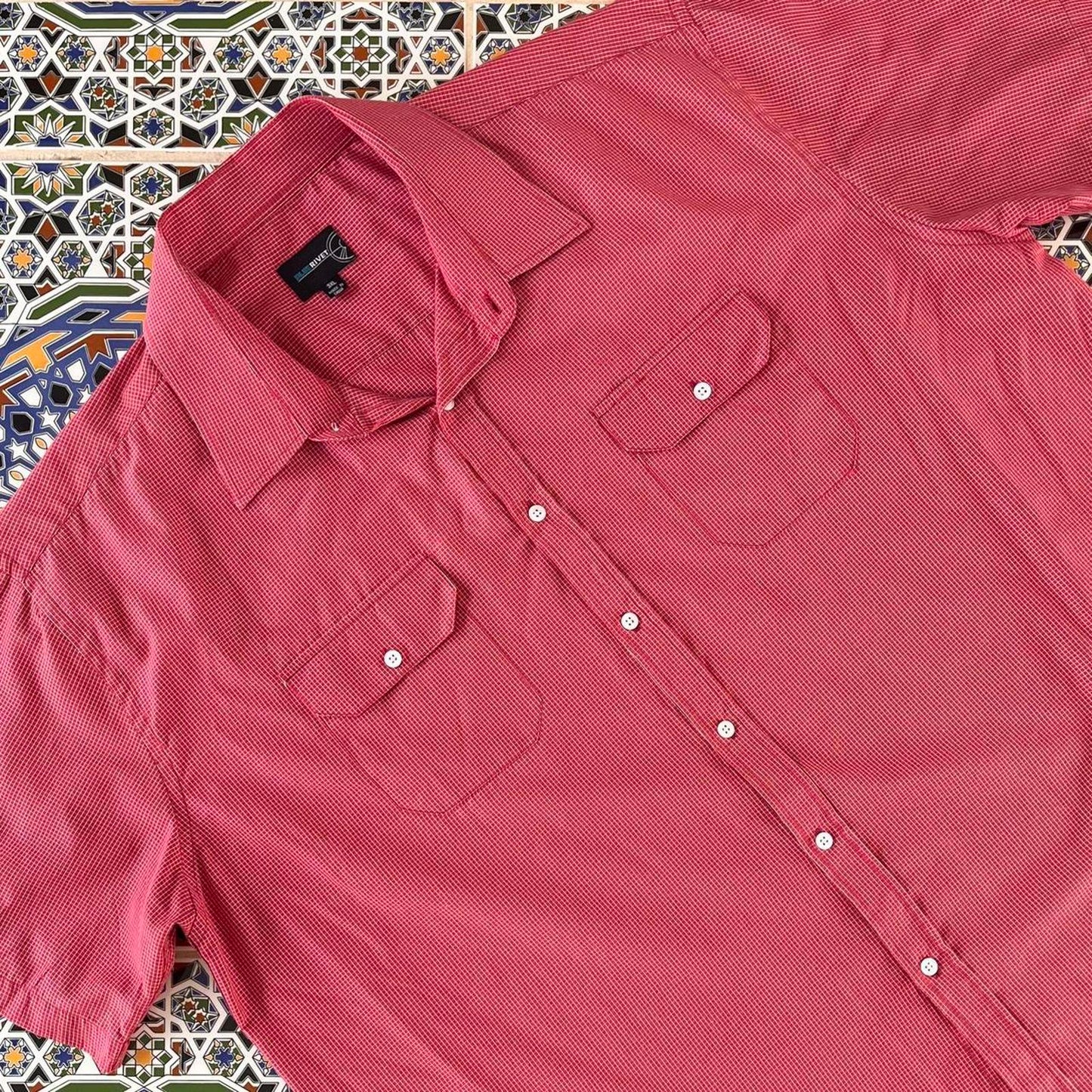 blue rivet short sleeved button up shirt