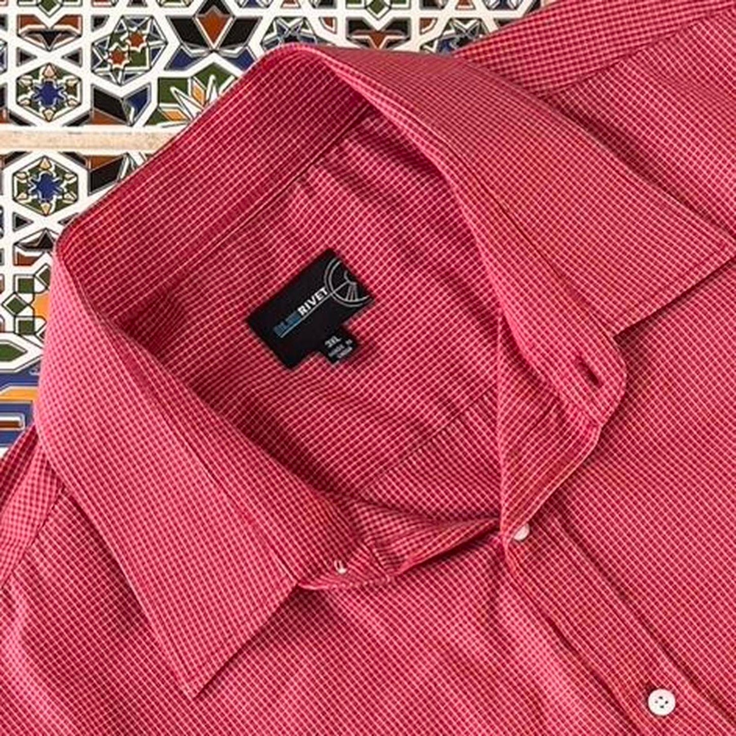 blue rivet short sleeved button up shirt